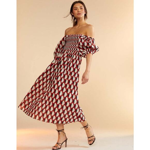Cynthia Rowley Caprice Midi Dress Off The Shoulder Puff Sleeve Smocked Geometric - Picture 15 of 15